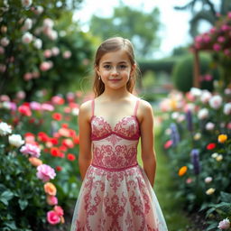 A young girl wearing a beautiful bra dress, standing in a serene garden