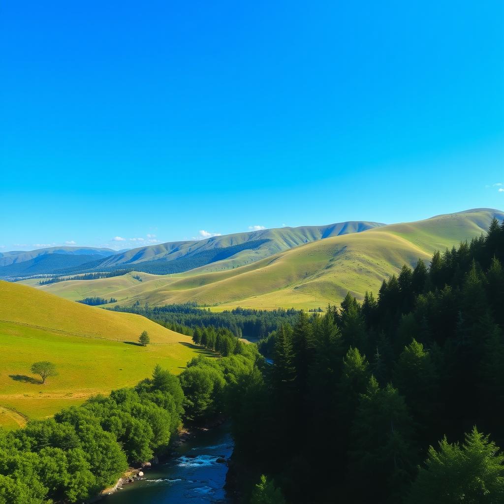 A beautiful landscape with rolling hills, a clear blue sky, and a peaceful river flowing through a lush green forest