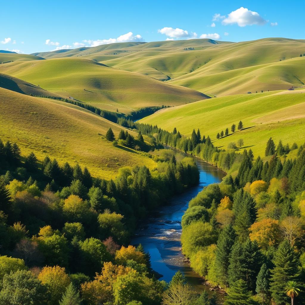 A beautiful landscape with rolling hills, a clear blue sky, and a peaceful river flowing through a lush green forest