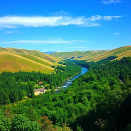 A beautiful landscape with rolling hills, a clear blue sky, and a peaceful river flowing through a lush green forest