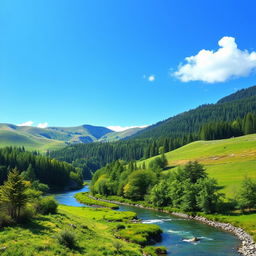 A beautiful landscape with rolling hills, a clear blue sky, and a peaceful river flowing through a lush green forest