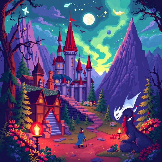 Create a pixel art image of movie magic imagination in a fantasy setting