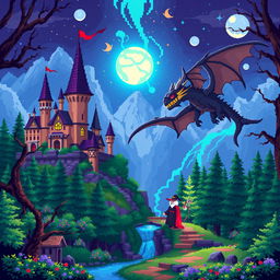 Create a pixel art image of movie magic imagination in a fantasy setting