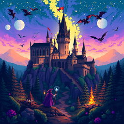 Create a pixel art image of movie magic imagination in a fantasy setting