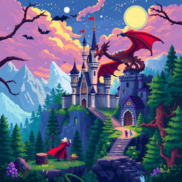 Create a pixel art image of movie magic imagination in a fantasy setting