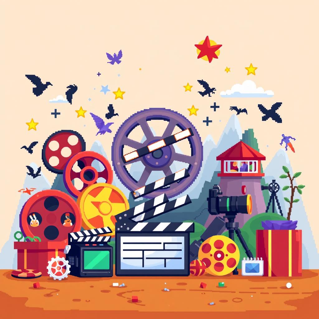 Create a pixel art image depicting the concept of movie magic imagination