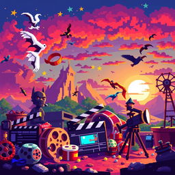 Create a pixel art image capturing the essence of movie magic imagination