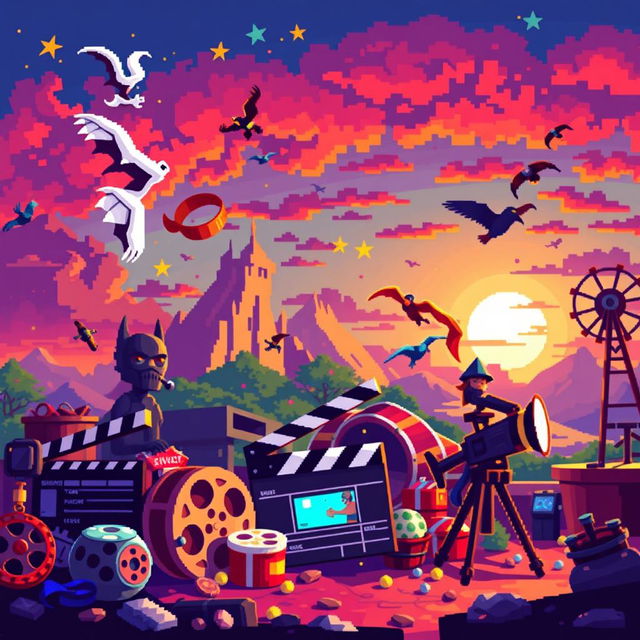 Create a pixel art image capturing the essence of movie magic imagination