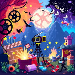 Create a pixel art image capturing the essence of movie magic imagination