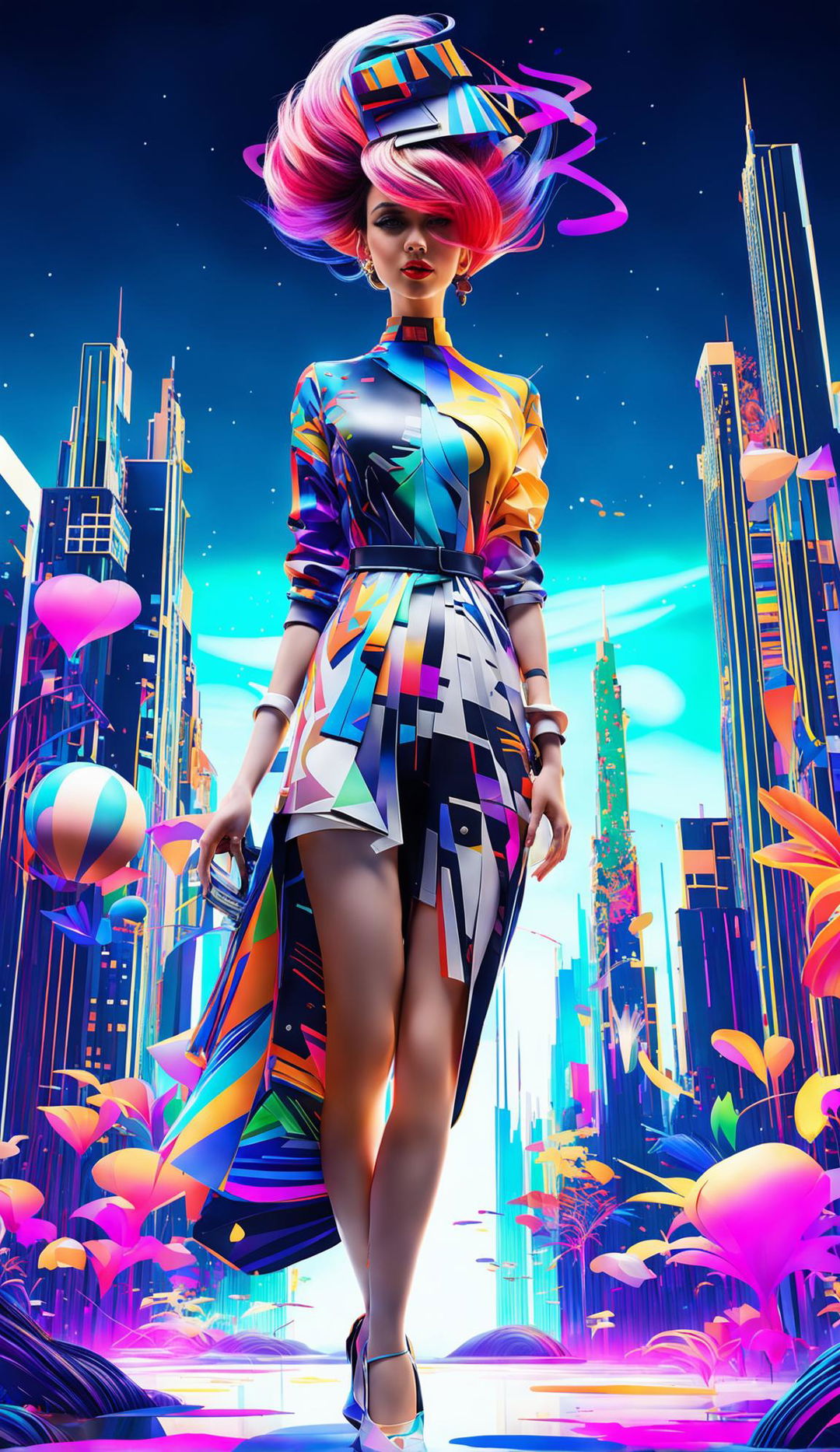 Energetic woman in vibrant outfit amidst 3D elements and surreal backdrop.