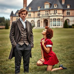 A handsome man with brown hair and green eyes wearing an antique suit stands with his hands in his pockets