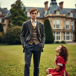 A handsome man with brown hair and green eyes wearing an antique suit stands with his hands in his pockets