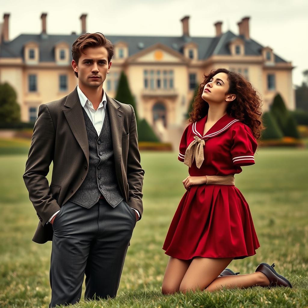 A handsome man with brown hair and green eyes wearing an antique suit stands with his hands in his pockets