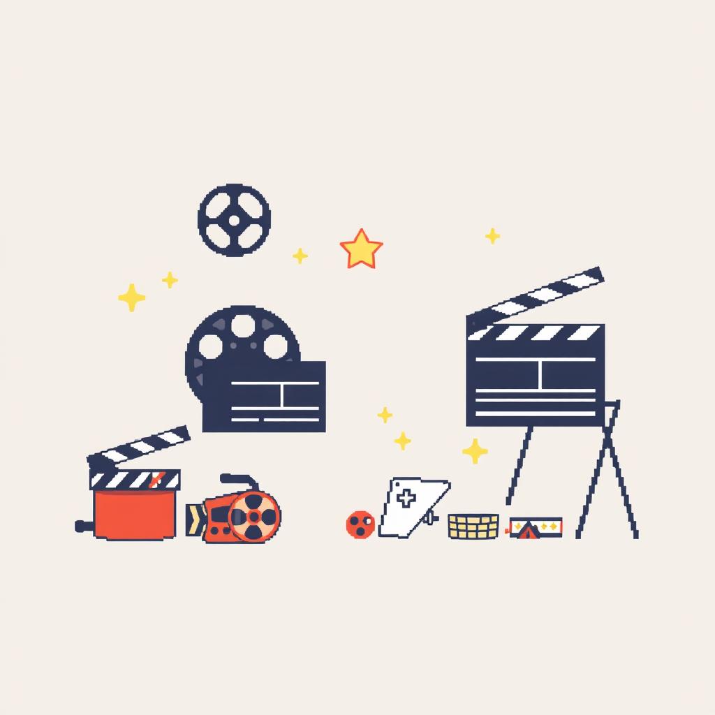 Create a minimalistic pixel art image capturing the essence of movie magic imagination