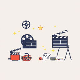 Create a minimalistic pixel art image capturing the essence of movie magic imagination