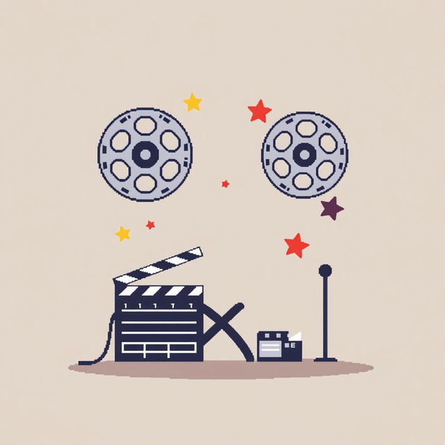 Create a minimalistic pixel art image capturing the essence of movie magic imagination