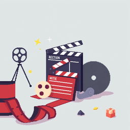 Create a minimalistic pixel art image capturing the essence of movie magic imagination