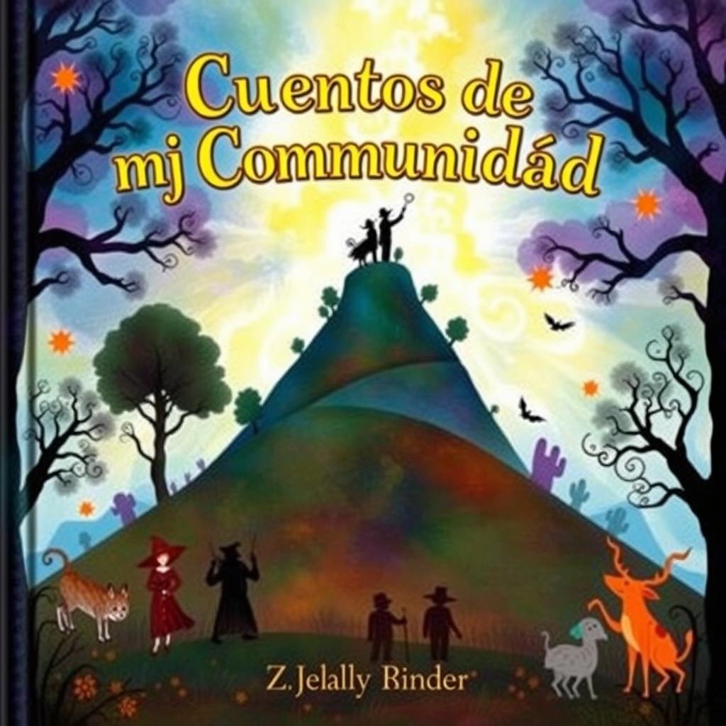 A storybook cover featuring a hill, trees, and mysterious colors like blue, purple, and orange