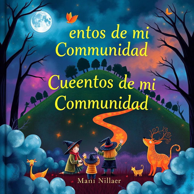 A storybook cover featuring a hill, trees, and mysterious colors like blue, purple, and orange