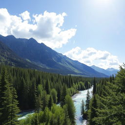 A serene landscape featuring a lush green forest, a clear blue river running through it, and a majestic mountain range in the background under a bright, sunny sky with fluffy white clouds