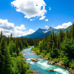 A serene landscape featuring a lush green forest, a clear blue river running through it, and a majestic mountain range in the background under a bright, sunny sky with fluffy white clouds