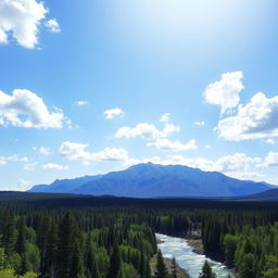 A serene landscape featuring a lush green forest, a clear blue river running through it, and a majestic mountain range in the background under a bright, sunny sky with fluffy white clouds