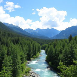 A serene landscape featuring a lush green forest, a clear blue river running through it, and a majestic mountain range in the background under a bright, sunny sky with fluffy white clouds