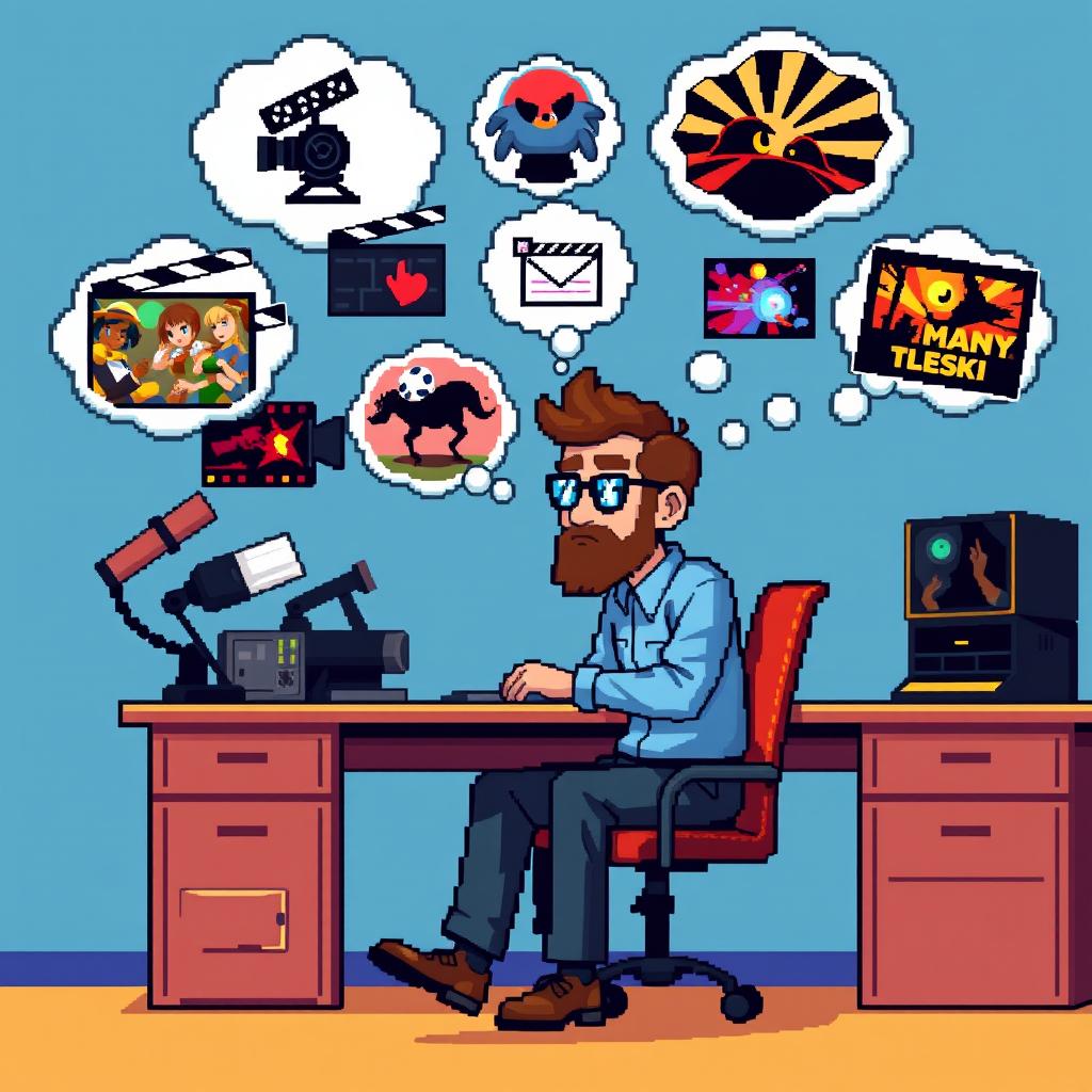 Create a pixel art image of a man sitting at a desk, imagining ideas for movies