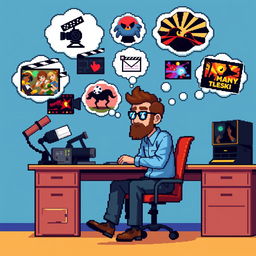 Create a pixel art image of a man sitting at a desk, imagining ideas for movies