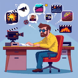 Create a pixel art image of a man sitting at a desk, imagining ideas for movies