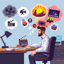 Create a pixel art image of a man sitting at a desk, imagining ideas for movies