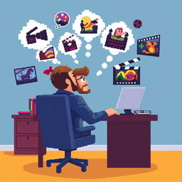 Create a pixel art image of a man sitting at a desk, imagining ideas for movies