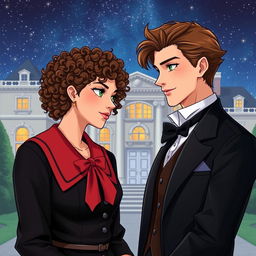 A handsome man with brown hair and green eyes wearing an antique suit stands next to a tanned woman with curly hair