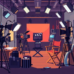 Create a pixel art image depicting a film studio environment