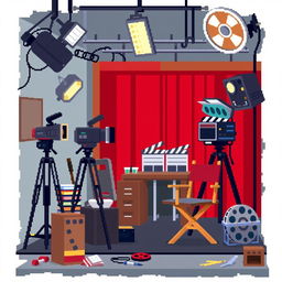 Create a pixel art image depicting a film studio environment