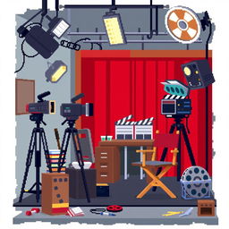 Create a pixel art image depicting a film studio environment