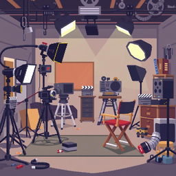 Create a pixel art image depicting a film studio environment