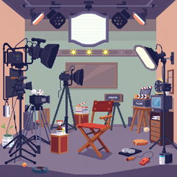 Create a pixel art image depicting a film studio environment