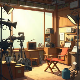 Create an image in the style of Studio Ghibli depicting a film studio environment