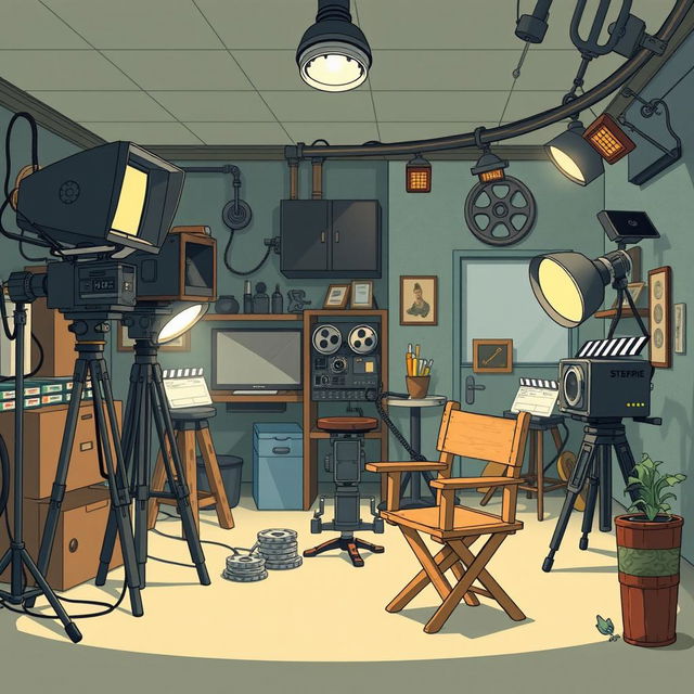 Create an image in the style of Studio Ghibli depicting a film studio environment