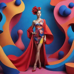 Elegant woman in vibrant, artistic outfit, amidst dynamic 3D elements and surreal backdrop.