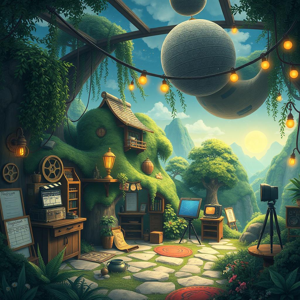 Create an image in the style of Studio Ghibli depicting a film studio imagination landscape