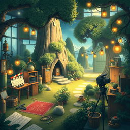 Create an image in the style of Studio Ghibli depicting a film studio imagination landscape