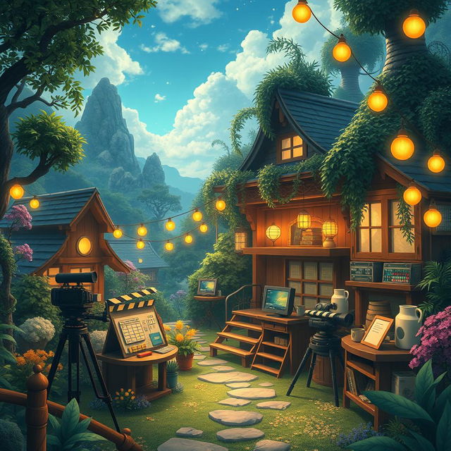 Create an image in the style of Studio Ghibli depicting a film studio imagination landscape