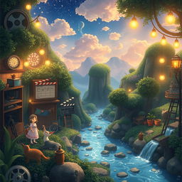 Create an image in the style of Studio Ghibli depicting a film studio imagination landscape