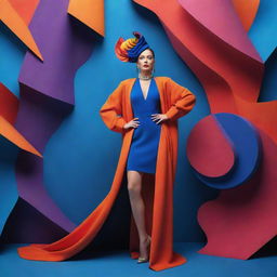 Elegant woman in vibrant, artistic outfit, amidst dynamic 3D elements and surreal backdrop.