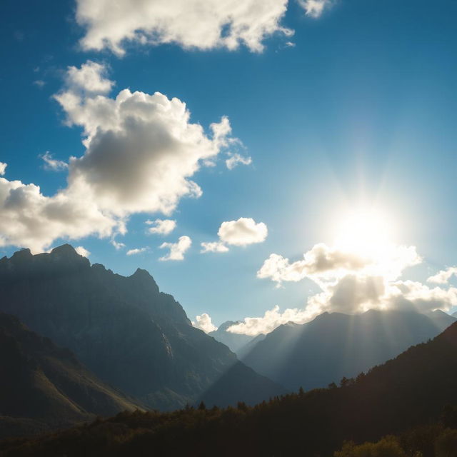 A beautiful landscape showcasing natural phenomena, including majestic mountains, a bright sun, and fluffy clouds floating in a clear blue sky