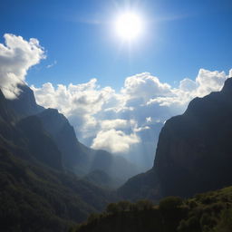 A beautiful landscape showcasing natural phenomena, including majestic mountains, a bright sun, and fluffy clouds floating in a clear blue sky