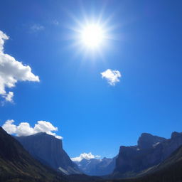 A beautiful landscape showcasing natural phenomena, including majestic mountains, a bright sun, and fluffy clouds floating in a clear blue sky