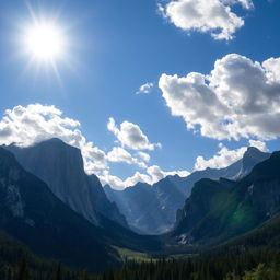 A beautiful landscape showcasing natural phenomena, including majestic mountains, a bright sun, and fluffy clouds floating in a clear blue sky